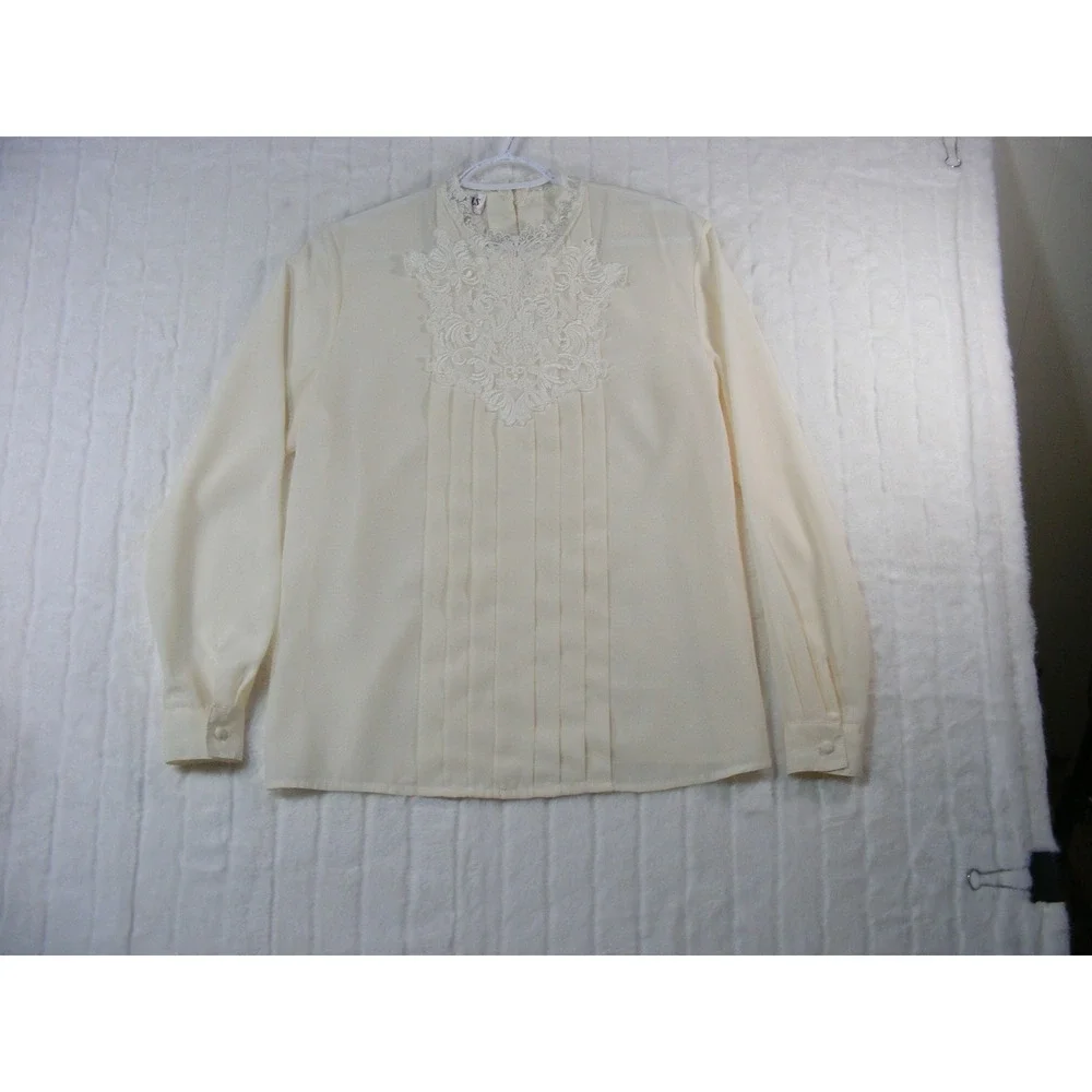 Essentials Worthington Blouse Womens 10 Cream Excellent Lace Bib Pintuck Pleat